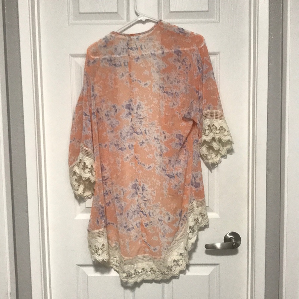 Peach and lavender floral shrug with ivory lace